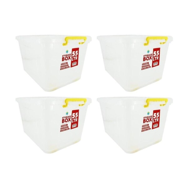 4PK Braz Plastic Storage Container Box 55L W/ Lid & Handles 54x41x31cm Assorted