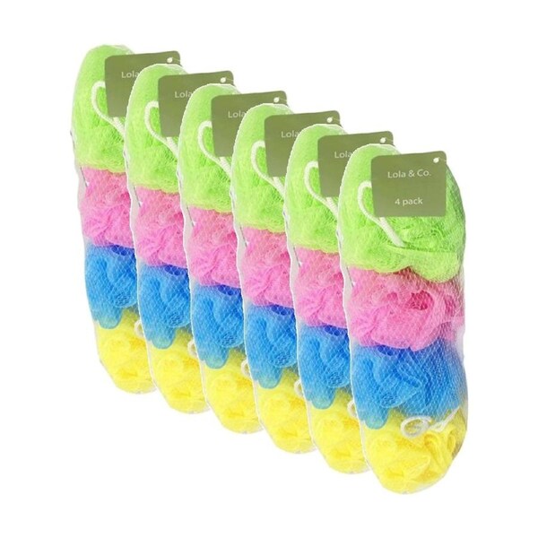 6x 4pc Lola & Co Multicolour Exfoliating Bath Shower Sponge Loofah Set Assorted