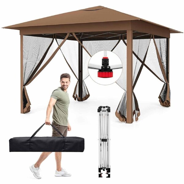 Costway 3.5X3.5M Pop-up Canopy Tent Outdoor Screen Gazebo Sun Shelter Marquee w/4 Doors Carry Bag Easy Setup Brown