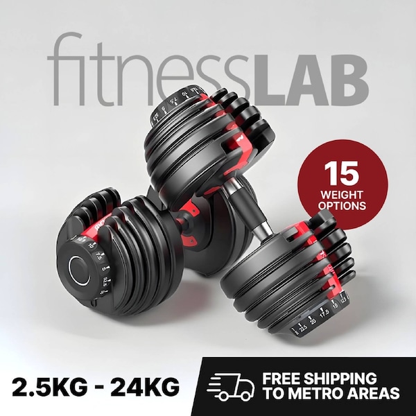 FitnessLab 48kg Adjustable Dumbbells Dumbbell Set Weight Dumbbells Plates Exercise Fitness 2x 24kg