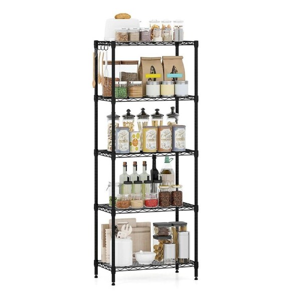 Costway 5-Tier Wire Shelving Unit Adjustable Heavy-Duty Metal Storage Shelves w/4 Hooks & Leveling Feet