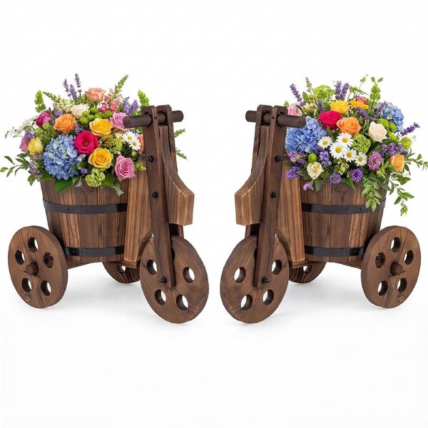 Costway 2x Flower Cart Rustic Wood Tricycle Planter Indoor Outdoor 3 Wheel Barrow Patio Balcony Garden Pot Decoration