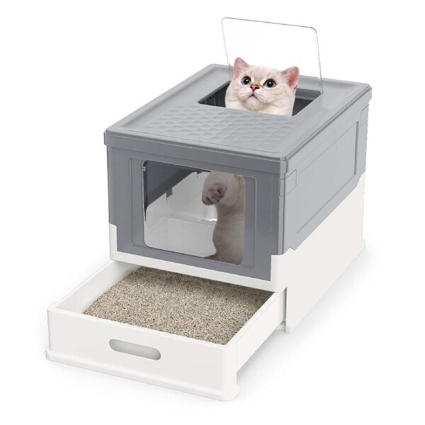 Costway Foldable Cat Litter Box Enclosure Cat Toilet Pan Enclosed Litter Container Front Entry & Flip Top Exit Grey