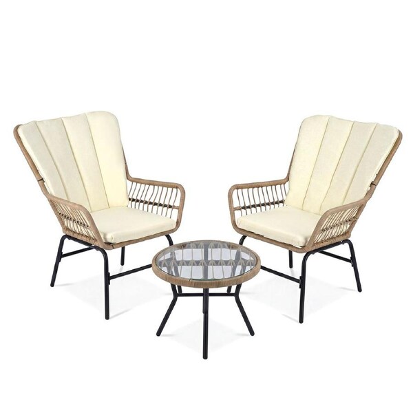 Costway 3pc Patio Bistro Set Outdoor PE Wicker Conversation Set Lounge Chairs Tempered Glass Side Table & Seat Cushions