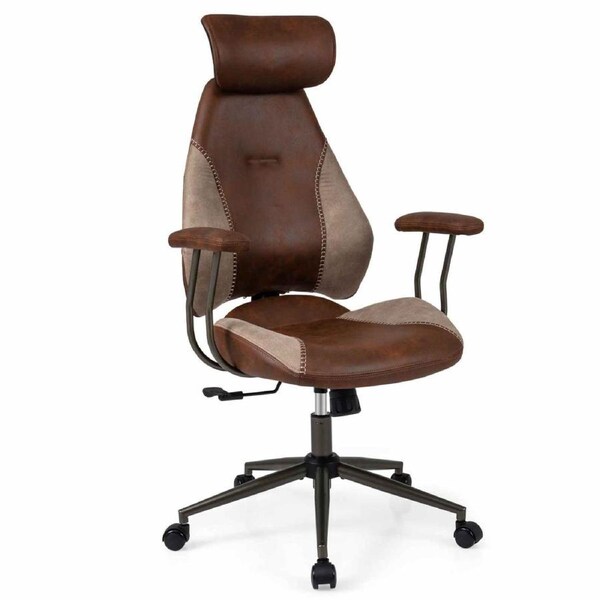 Costway Ergonomic Office Chair Suede Fabric Computer Desk Chair Armchair w/2D Headrest & Rocking Backrest Home Brown