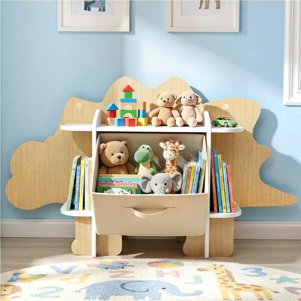 Keezi Dinosaur Kids Bookshelf 2-Tier Bookcase Wooden with with Fabric Drawer
