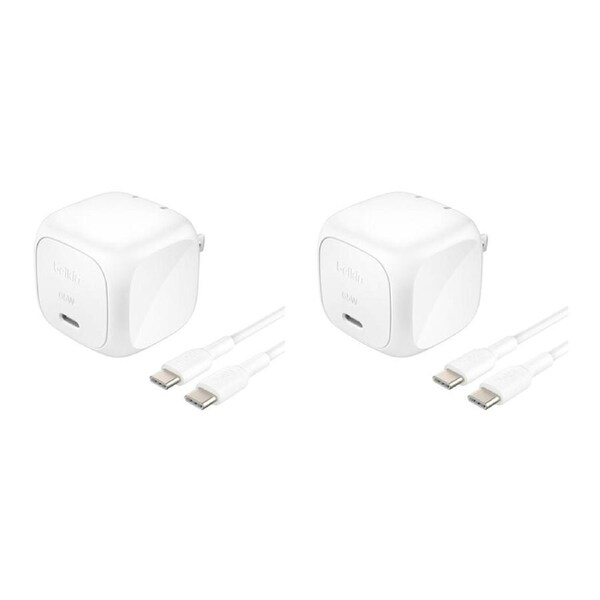 2PK Belkin BoostCharge USB-C Port Wall Plug Charger & Cable Cord 65W White