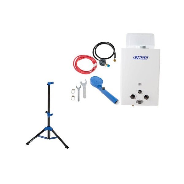 Kings Gas Hot Water System -fits Standard LCC27 BBQ gas bottle + Tripod Stand
