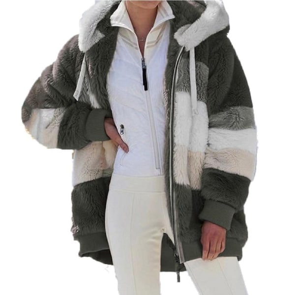 Nevenka Womens Warm Coats Fuzzy Sherpa Hooded Jacket with Pockets-ArmyGreen XL