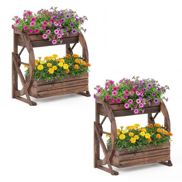 Costway 2x 2-Tier Outdoor Raised Garden Bed Wood Wagon Cart Planter Box Decorative Container