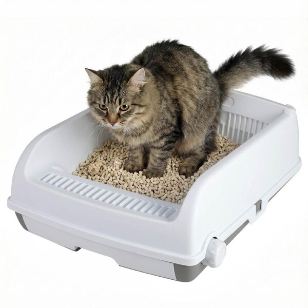 Costway Cat Litter Box Semi-auto Splash-proof Kitty Toilet Open Top High Side Cat Pan w/Sand Filter Pedal White