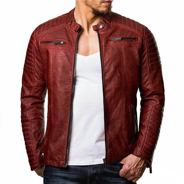 Nevenka Mens Slim Fit Leather Jackets Stand Collar Zip Up Motorcycle Coat-Red XL