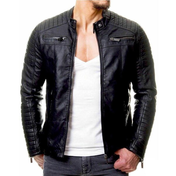 Nevenka Mens Slim Fit Leather Jackets Stand Collar Zip Up Motorcycle Coat-Black 3XL