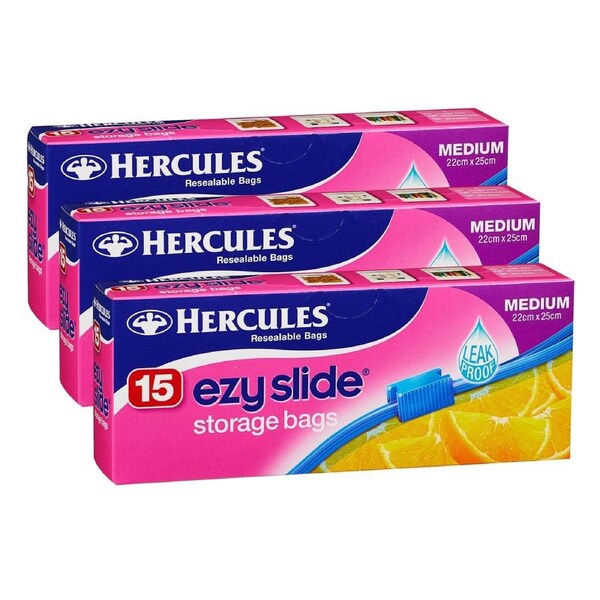 Hercules Ezy Slide Medium Storage Bags 15pk x3