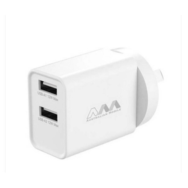 Australian Mobile DUAL Port USB-A 12W Power Wall Adapter Charger - White
