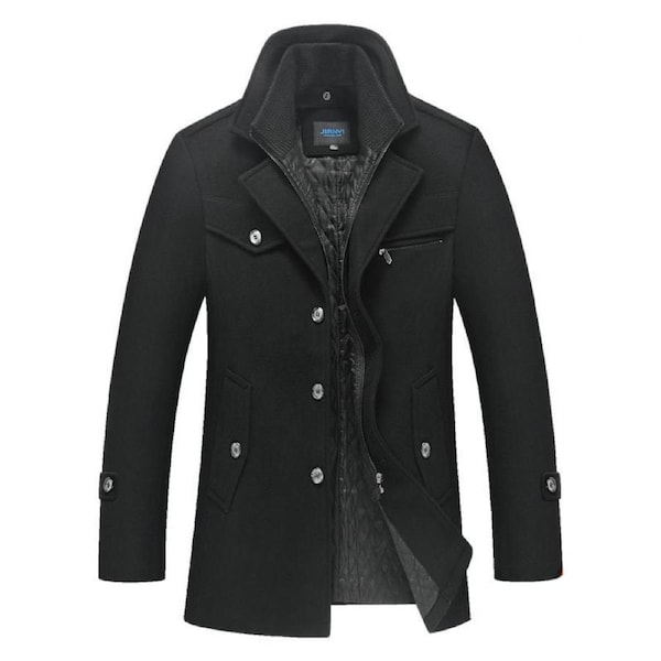 Nevenka Mens Pea Coat Wool Blend Single Breasted Overcoat for Winter-Black 2XL