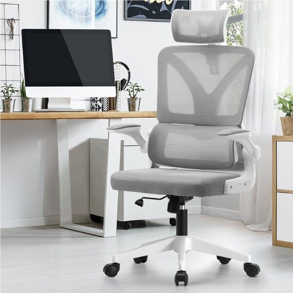 Oikiture Mesh Office Chair Executive Fabric Gaming Work Study Seat Computer D-Shape White