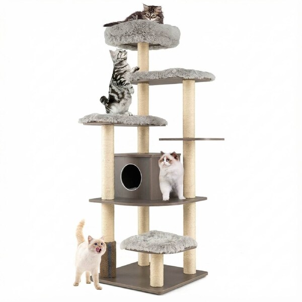 Costway 179CM Wooden Cat Tree 7-Layer Sisal Scratching Posts Tower w/Perch & Cushions Condo House Pet