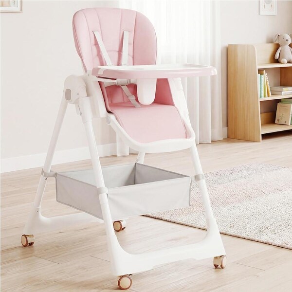 Advwin 3-in-1 Folding Baby High Chair Toddler Feeding Chair Baby Eating Chair, Pink+White
