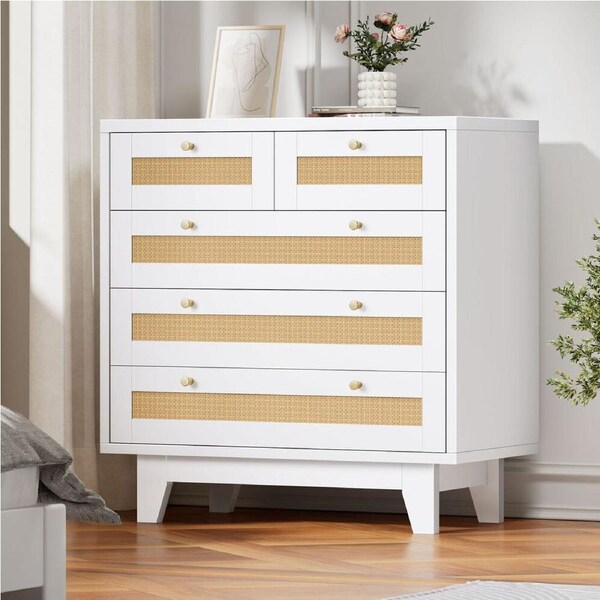 ALFORDSON 5 Chest of Drawers Rattan Storage Cabinet Dresser Tallboy White