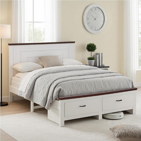 Artiss Double Wooden Bed Frame with 2 Drawer Platform Bed with Headboard White Bed Base for Bedroom