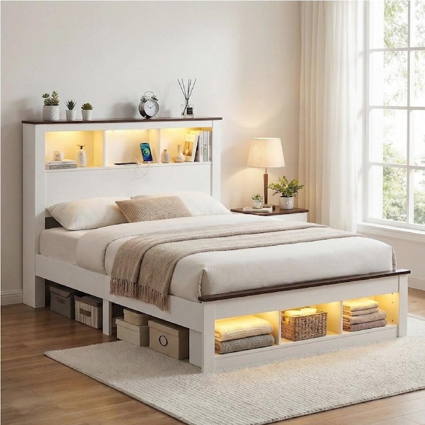 Artiss Queen Storage Bed Frame White Wooden Platform with USB and Led Light