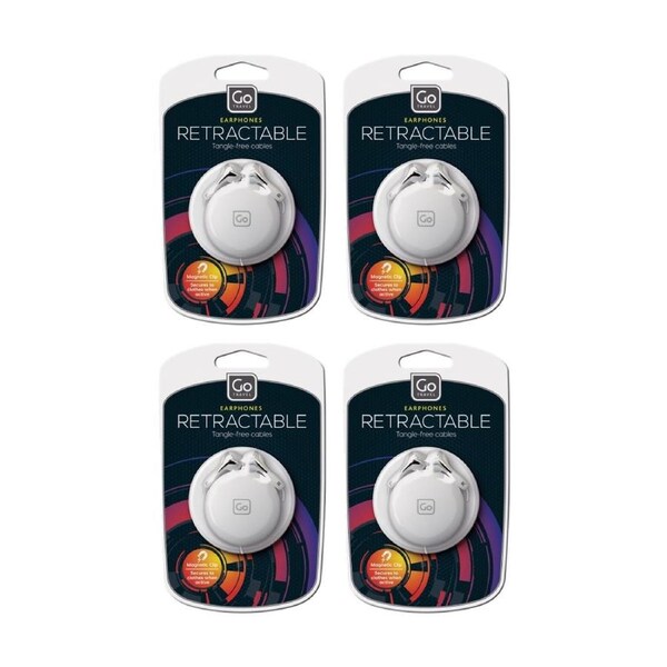 4PK Go Travel Retractable Tangle Free Cable Earphones W/ Magnetic Clip White