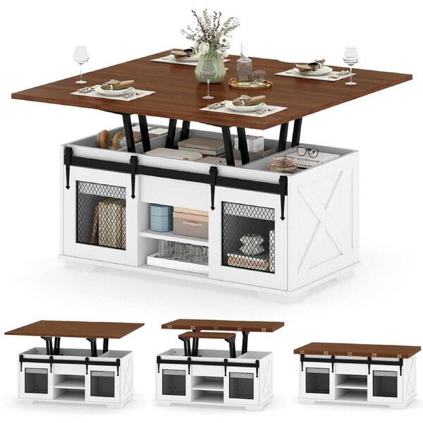 Giantex Lift Top Coffee Table 105cm w/Sliding Barn Doors Hidden Storage & Open Shelves Convertible Farmhouse Dining & Living Room Table