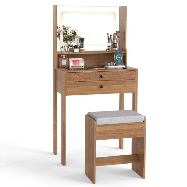 Giantex Compact Vanity Desk w/Lighted Mirror 3-Color LED & Adjustable Brightness Cushioned Stool Power Outlets Tempered Glass Top Open Shelf & 2 Drawers