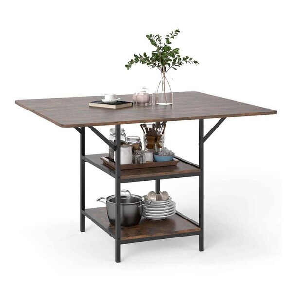 Costway Kitchen Dining Table 4-6 People Counter Table Storage Shelf Home Furniture Space Savor Rectangular Brown