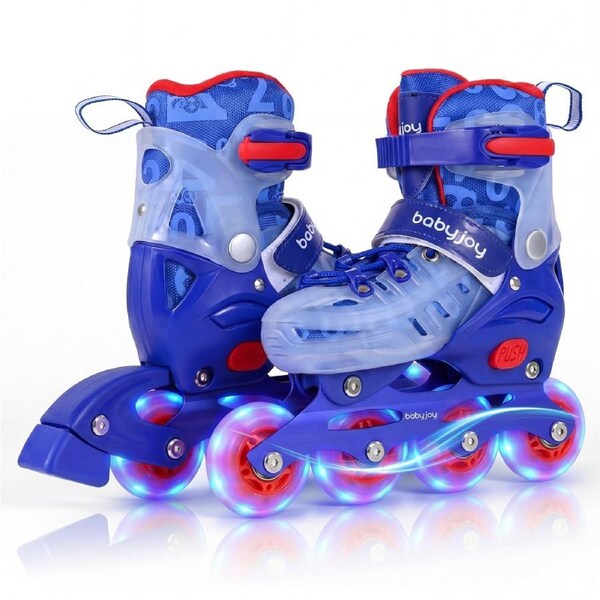 Costway 4-Size Adjustable Roller Skates Inline Skating Shoes Roller Blades Light Up Wheels Beginner Age 9-14 Blue