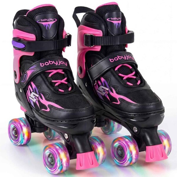 Costway 4-Size Adjustable Roller Skates Fun Quad Skating Shoes Roller Blades Light-up Wheels Beginner Age 9-14 Pink
