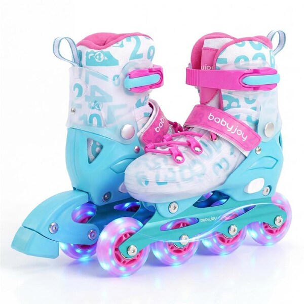 Costway 4-Size Adjustable Roller Skates Inline Skating Shoes Roller Blades Light Up Wheels Beginner Age 9-14 Pink