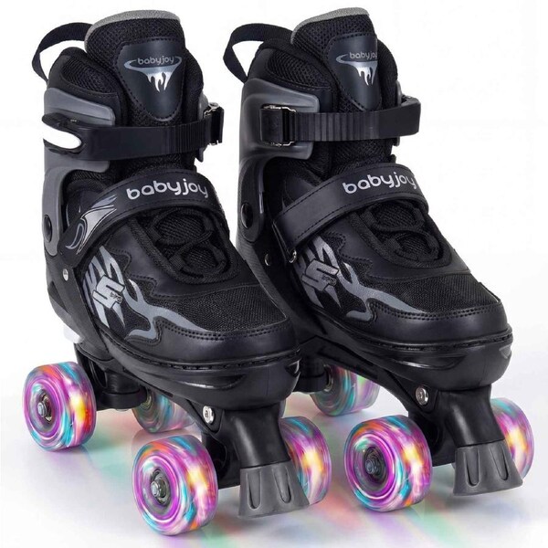Costway 4-Size Adjustable Roller Skates Fun Quad Skating Shoes Roller Blades Light-up Wheels Beginner Age 9-14 Black