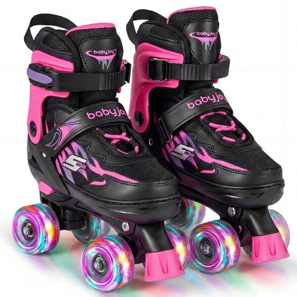 Costway 4-Size Adjustable Roller Skates Fun Quad Skating Shoes Roller Blades Light-up Wheels Beginner Age 7-9 Pink