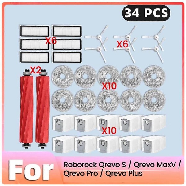 34pcs Main Side Brush Filters Mop Dust Bags for Roborock Qrevo B