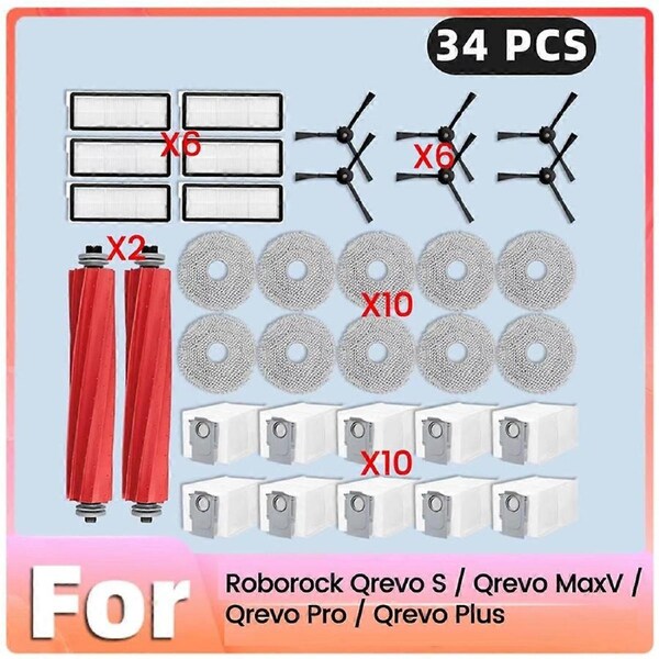 34pcs Main Side Brush Filters Mop Dust Bags for Roborock Qrevo A