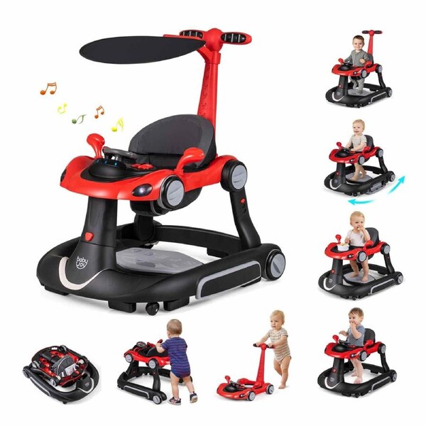 Costway 7-in-1 Babies Walker Portable Push Car Foldable Activity Center Bouncer Rocker Combo w/Canopy Music & Lights Red