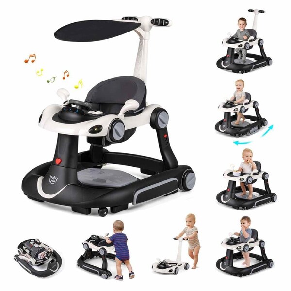 Costway 7-in-1 Babies Walker Portable Push Car Foldable Activity Center Bouncer Rocker Combo w/Canopy Music & Lights White