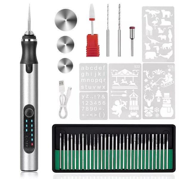 Set Electric Engraving Pen Cordless Carving Pen USB Micro Engraver with 37 Bits