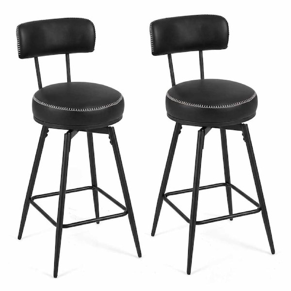 Costway Swivel Bar Stools Set of 2 Modern Counter Height Chairs Kitchen Faux Leather Upholstered Barstools Padded Back Black