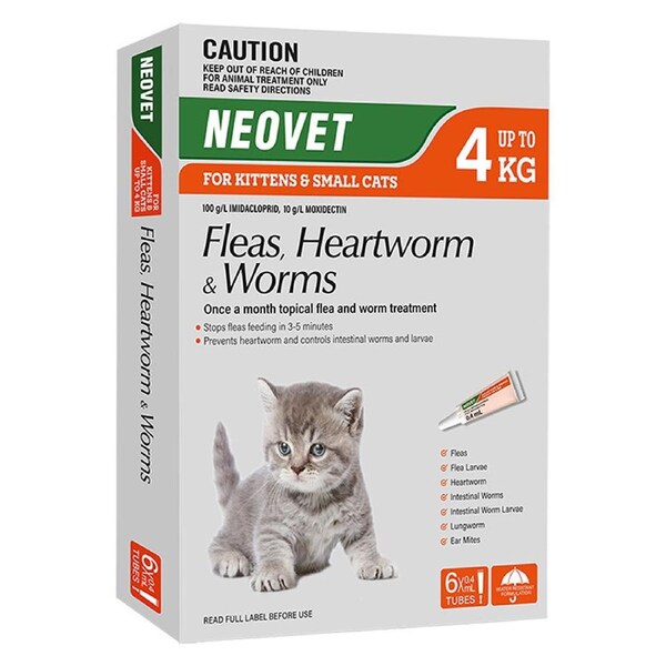 Neovet 6 Pack Fleas, Heartworm & Worms for Kittens & Small Cats (Up to 4kg) - Orange