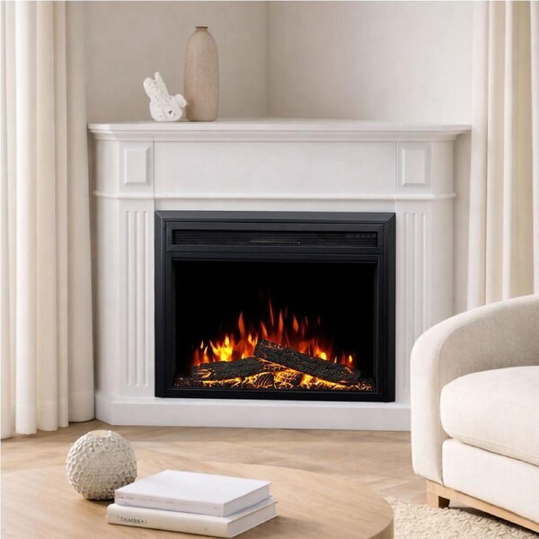 Rene White Corner Mantel Electric Fireplace Suite with 30 Inch Moonlight Insert