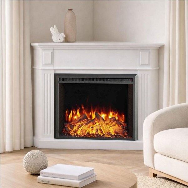 Rene White Corner Mantel Electric Fireplace Suite with 30" Starlight Insert