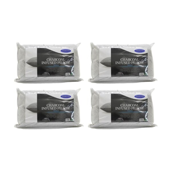 4PK Jason Charcoal Infused Medium Support Pillow W/ Satin Piped Edging Standard