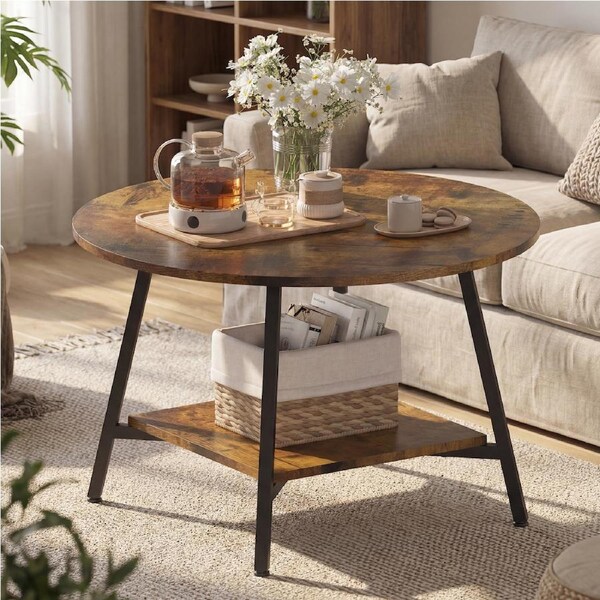 Advwin 73cm Round Coffee Table 2-Tier Industrial Center Table w/ Open Shelf Side Table Walnut