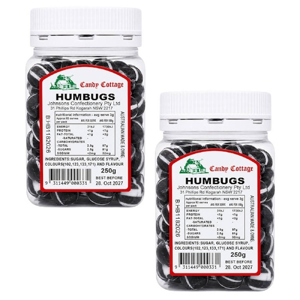 Candy Cottage Humbugs Old Fashioned Lollies Sweets 2 x 250g Pack