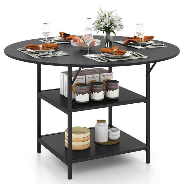 Costway Dining Table for 4-6 Kitchen Counter Height Table Round Farmhouse Dinner Table Metal Frame Black