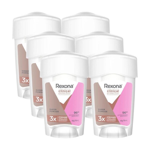 6 x Rexona Clinical Protection 96H Sheer Powder Antiperspirant Cream Deodorant 45mL