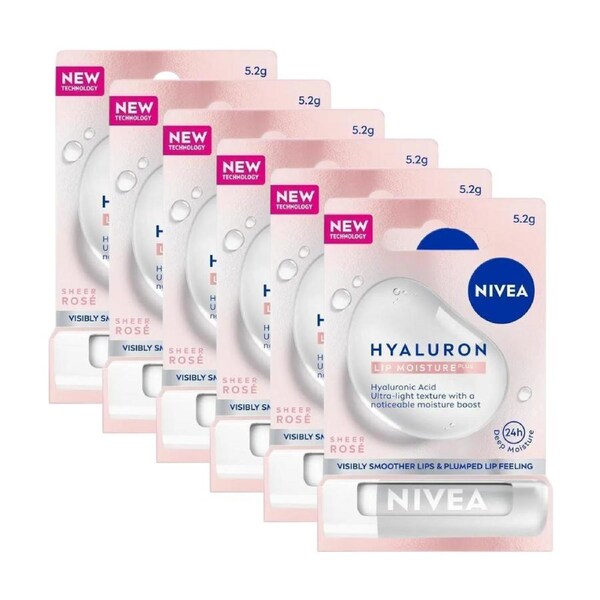 6 x Nivea Lip Moisture Plus Hyaluron Lip Balm 5.2g - Sheer Rose